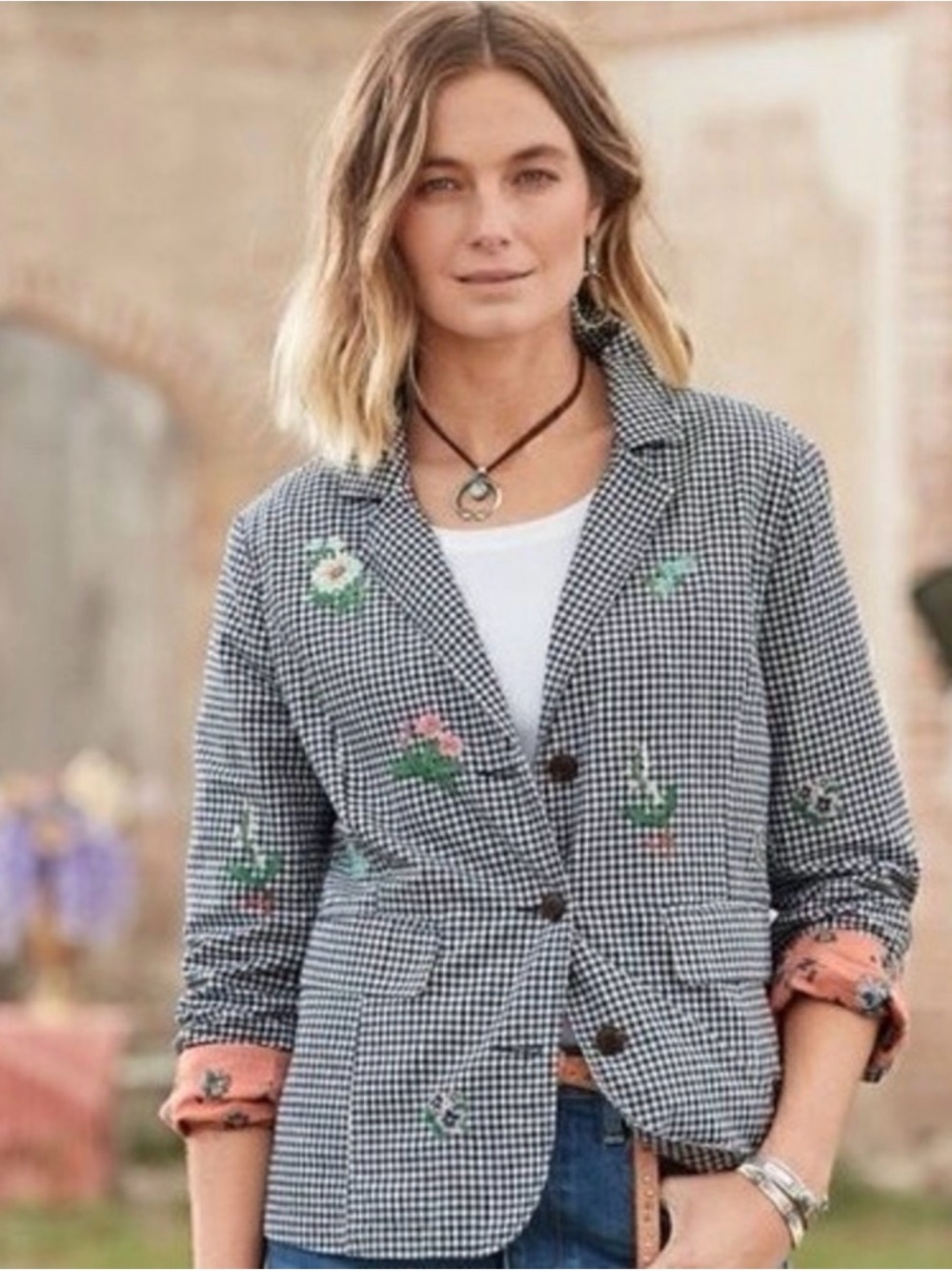 SUNDANCE Linen Blend Preppy Business Casual Gingham Floral City Chic Blazer Sz L